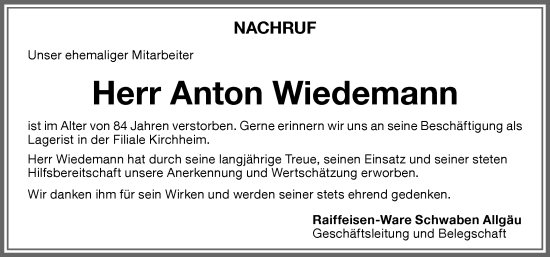 Traueranzeige von Anton Wiedemann von Mindelheimer Zeitung