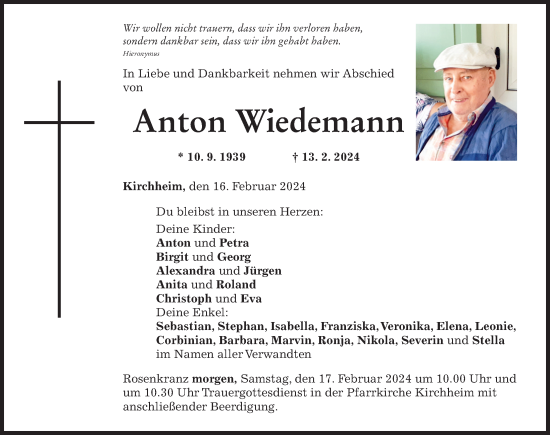 Traueranzeige von Anton Wiedemann von Mindelheimer Zeitung