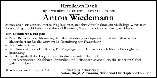 Traueranzeige von Anton Wiedemann von Mindelheimer Zeitung