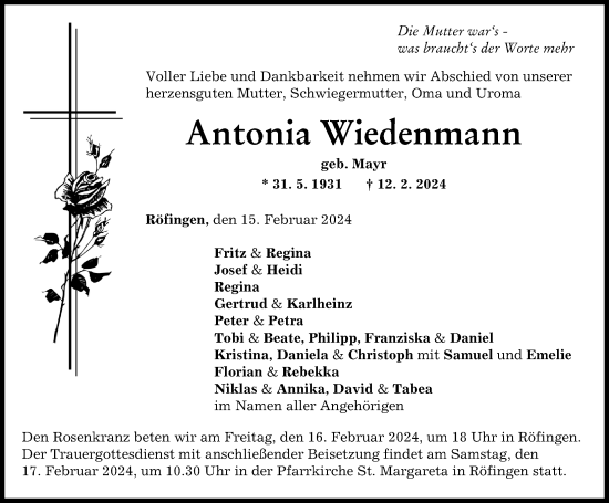 Traueranzeige von Antonia Wiedenmann von Günzburger Zeitung