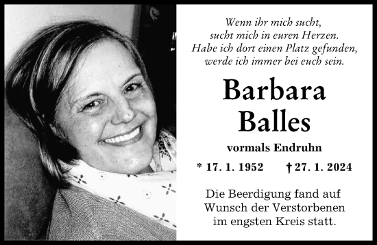 Traueranzeige von Barbara Balles von Neuburger Rundschau