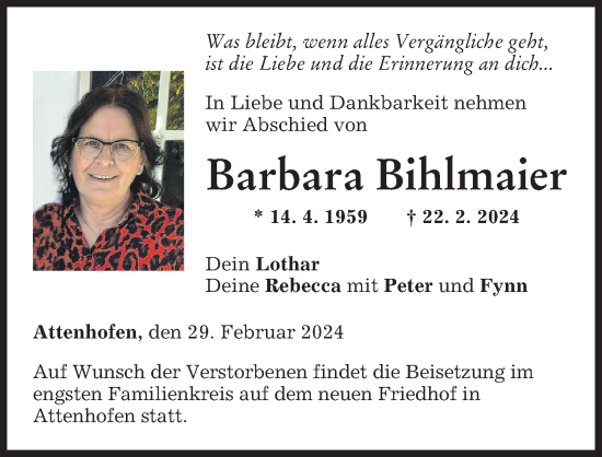 Traueranzeige von Barbara Bihlmaier von Neu-Ulmer Zeitung