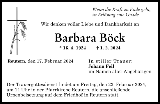 Traueranzeige von Barbara Böck von Augsburg-Land
