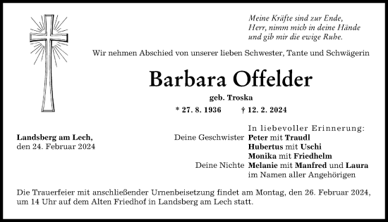 Traueranzeige von Barbara Offelder von Landsberger Tagblatt