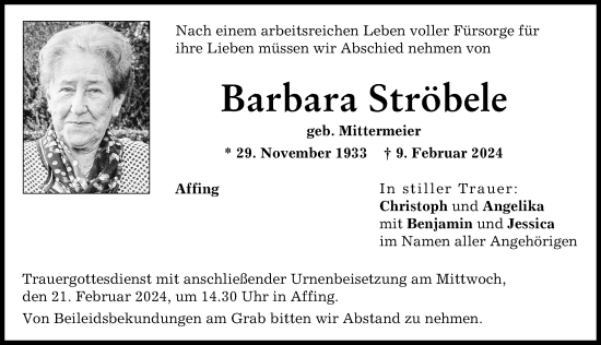Traueranzeige von Barbara Ströbele von Aichacher Nachrichten