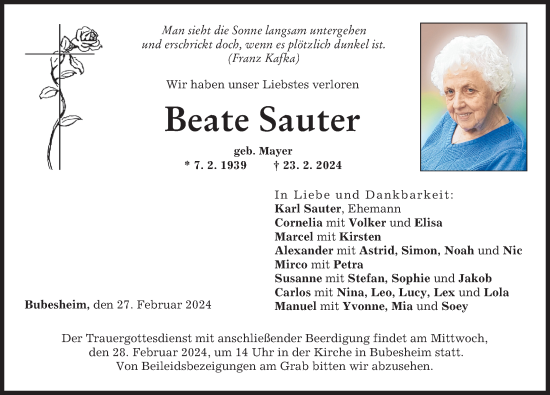Traueranzeige von Beate Sauter von Günzburger Zeitung