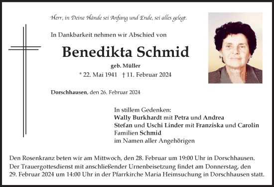 Traueranzeige von Benedikta Schmid von Mindelheimer Zeitung