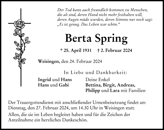 Traueranzeige von Berta Spring von Donau Zeitung