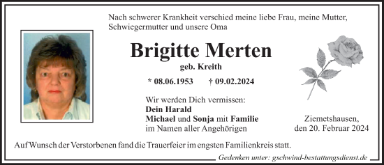 Traueranzeige von Brigitte Merten von Mittelschwäbische Nachrichten