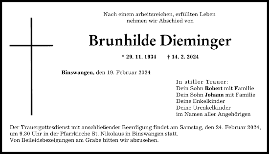 Traueranzeige von Brunhilde Dieminger von Wertinger Zeitung