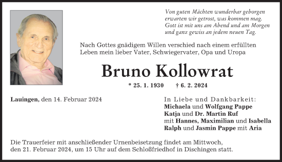 Traueranzeige von Bruno Kollowrat von Donau Zeitung