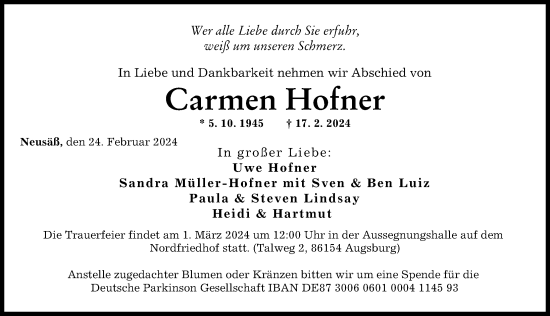 Traueranzeige von Carmen Hofner von Augsburger Allgemeine