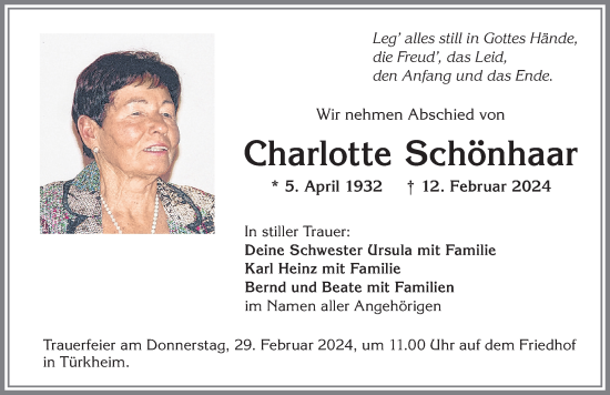 Traueranzeige von Charlotte Schönhaar von Mindelheimer Zeitung