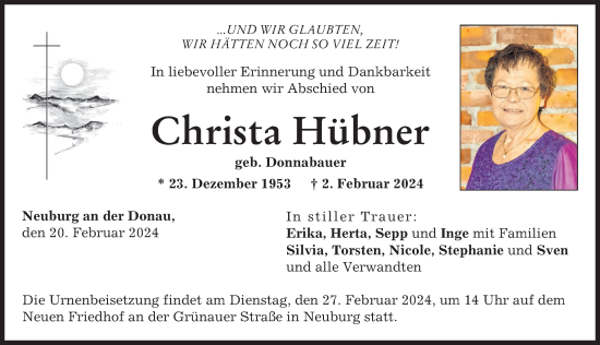 Traueranzeige von Christa Hübner von Neuburger Rundschau