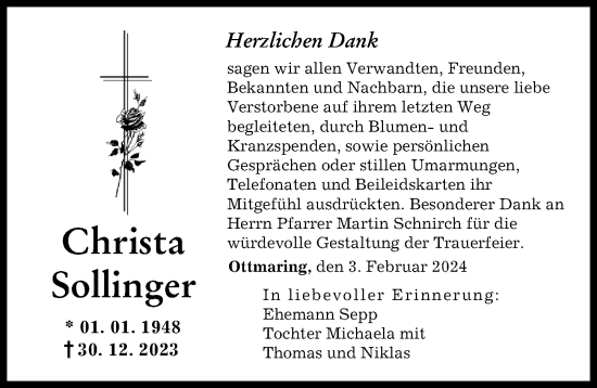 Traueranzeige von Christa Sollinger von Friedberger Allgemeine