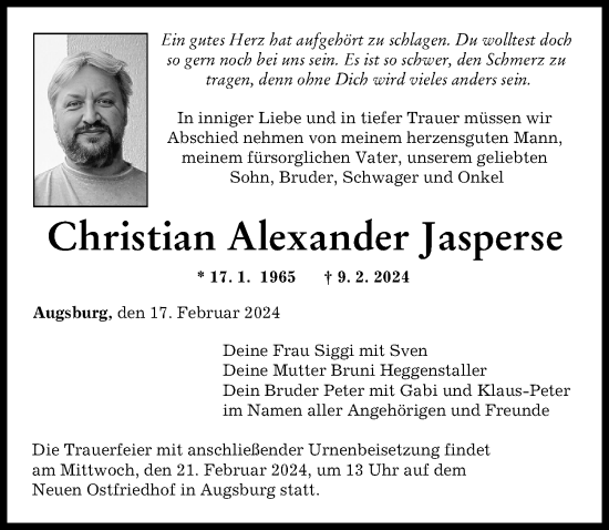 Traueranzeige von Christian Alexander Jasperse von Augsburger Allgemeine