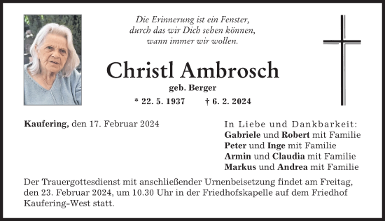 Traueranzeige von Christl Ambrosch von Landsberger Tagblatt