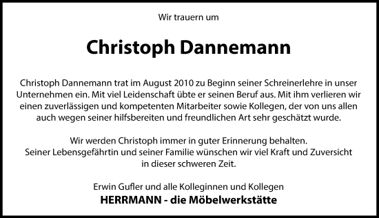Traueranzeige von Christoph Dannemann von Donauwörther Zeitung, Rieser Nachrichten