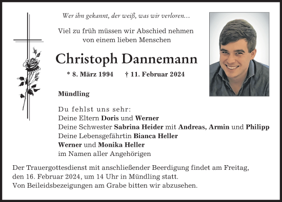 Traueranzeige von Christoph Dannemann von Rieser Nachrichten, Donauwörther Zeitung