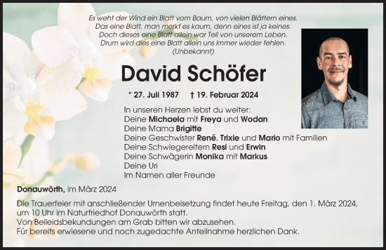 Traueranzeige von David Schöfer von Donauwörther Zeitung
