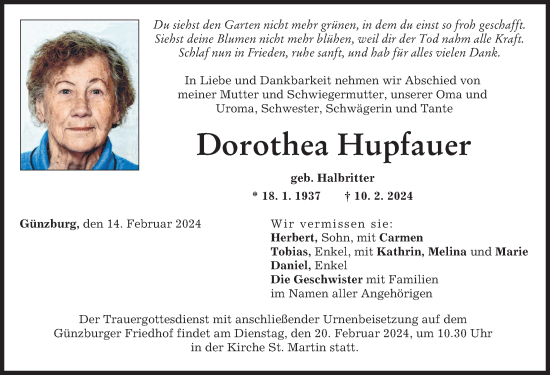 Traueranzeige von Dorothea Hupfauer von Günzburger Zeitung