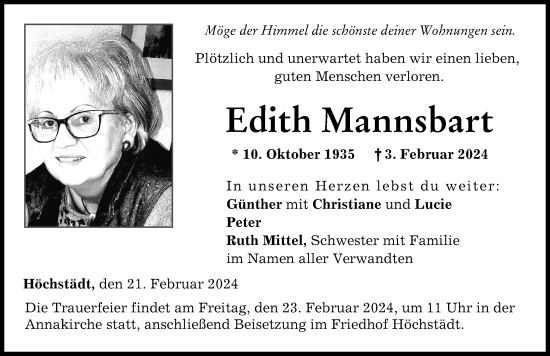 Traueranzeige von Edith Mannsbart von Donau Zeitung
