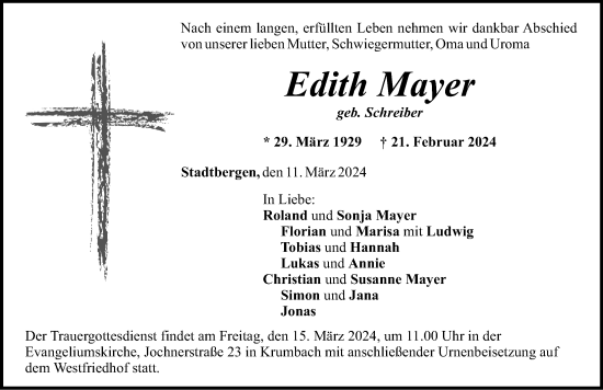 Traueranzeige von Edith Mayer von Augsburg-Land