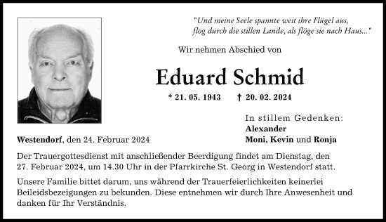 Traueranzeige von Eduard Schmid von Wertinger Zeitung, Augsburg-Land