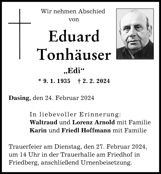 Traueranzeige von Eduard Tonhäuser von Friedberger Allgemeine