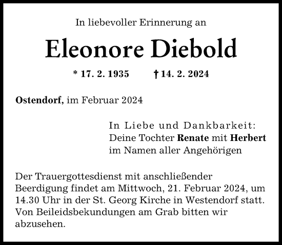 Traueranzeige von Eleonore Diebold von Augsburg-Land