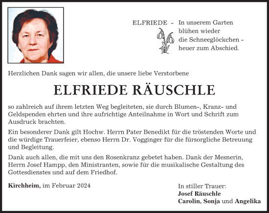 Traueranzeige von Elfriede Räuschle von Mindelheimer Zeitung