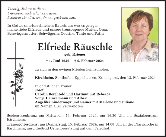 Traueranzeige von Elfriede Räuschle von Mindelheimer Zeitung