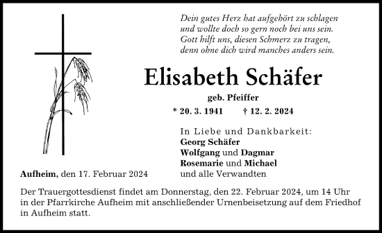 Traueranzeige von Elisabeth Schäfer von Neu-Ulmer Zeitung