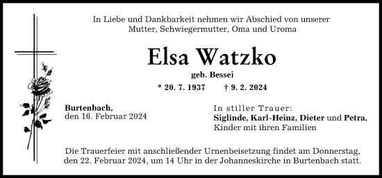 Traueranzeige von Elsa Watzko von Mittelschwäbische Nachrichten, Günzburger Zeitung