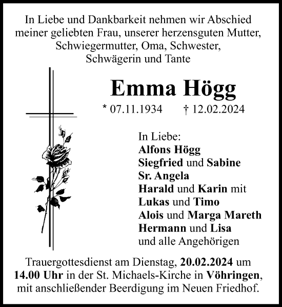 Traueranzeige von Emma Högg von Illertisser Zeitung