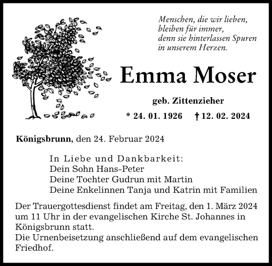 Traueranzeige von Emma Moser von Augsburger Allgemeine