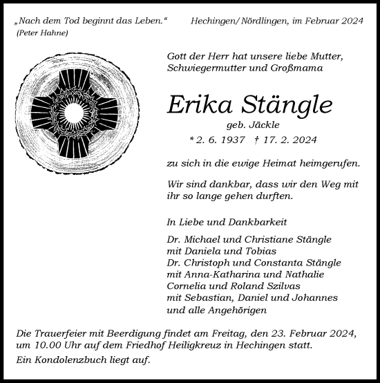 Traueranzeige von Erika Stängle von Rieser Nachrichten