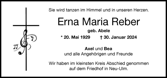Traueranzeige von Erna Maria Reber von Neu-Ulmer Zeitung