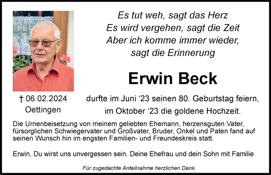 Traueranzeige von Erwin Beck von Rieser Nachrichten