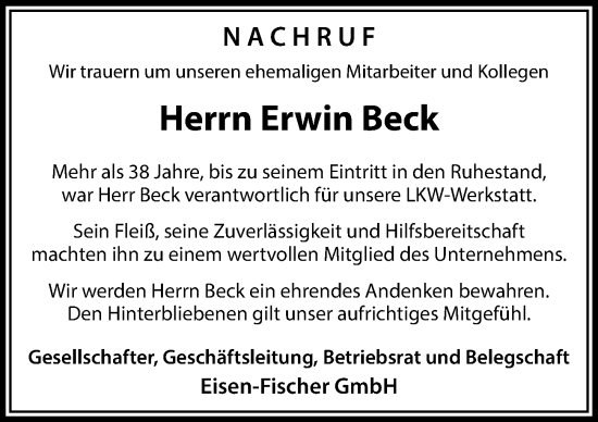 Traueranzeige von Erwin Beck von Rieser Nachrichten