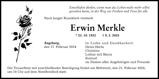 Traueranzeige von Erwin Merkle von Augsburger Allgemeine