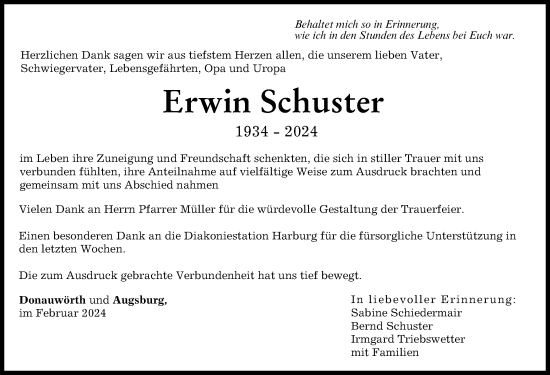 Traueranzeige von Erwin Schuster von Donauwörther Zeitung