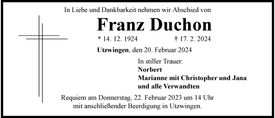 Traueranzeige von Franz Duchon von Rieser Nachrichten