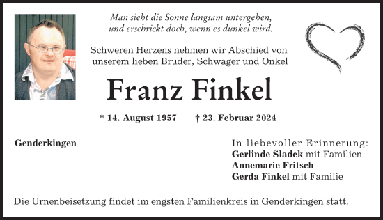 Traueranzeige von Franz Finkel von Donauwörther Zeitung