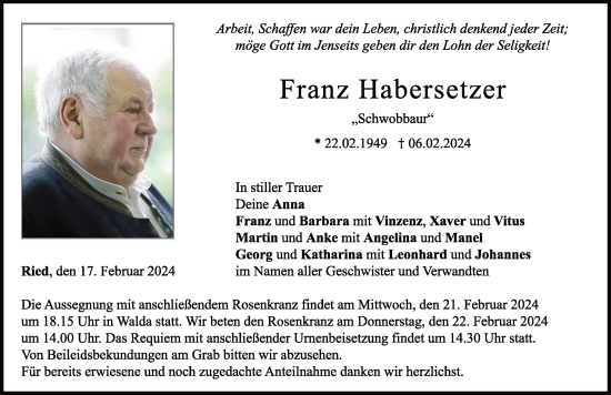 Traueranzeige von Franz Habersetzer von Neuburger Rundschau