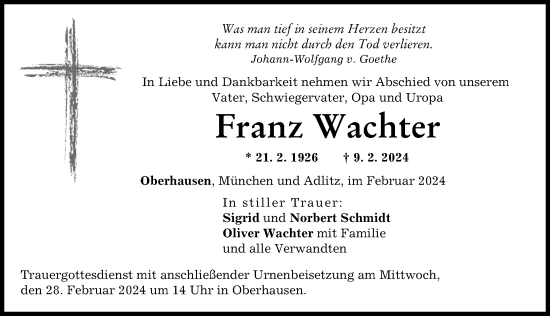 Traueranzeige von Franz Wachter von Neuburger Rundschau