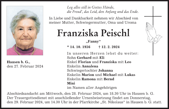Traueranzeige von Franziska Peischl von Landsberger Tagblatt