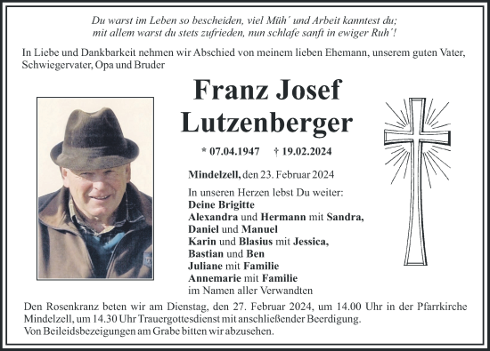 Traueranzeige von Franz Josef Lutzenberger von Mittelschwäbische Nachrichten