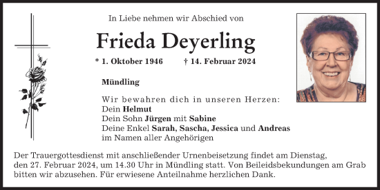 Traueranzeige von Frieda Deyerling von Donauwörther Zeitung