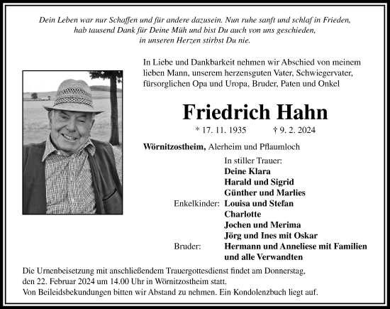 Traueranzeige von Friedrich Hahn von Rieser Nachrichten